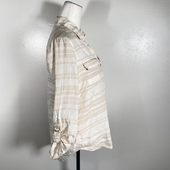 Ellen Tracy Popover Shirt Women's Small White Tan Striped 100% Linen Long Sleeve - Picture 13 of 16